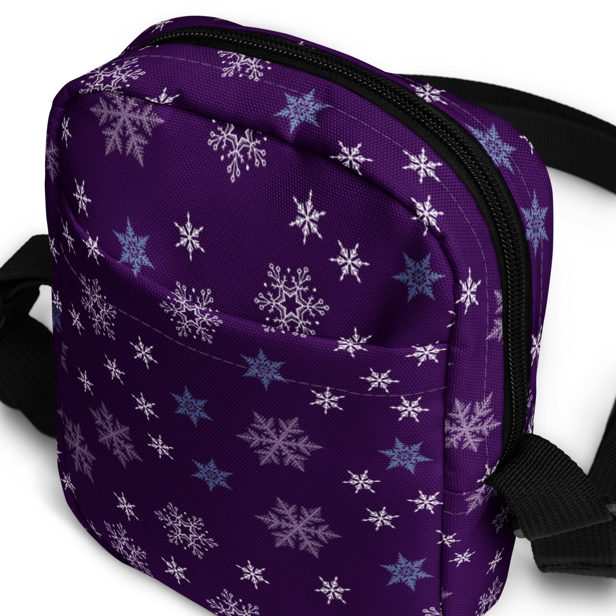 Christmas purple snowflake winter women’s crossbody purse with black zipper and straps for seasonal use