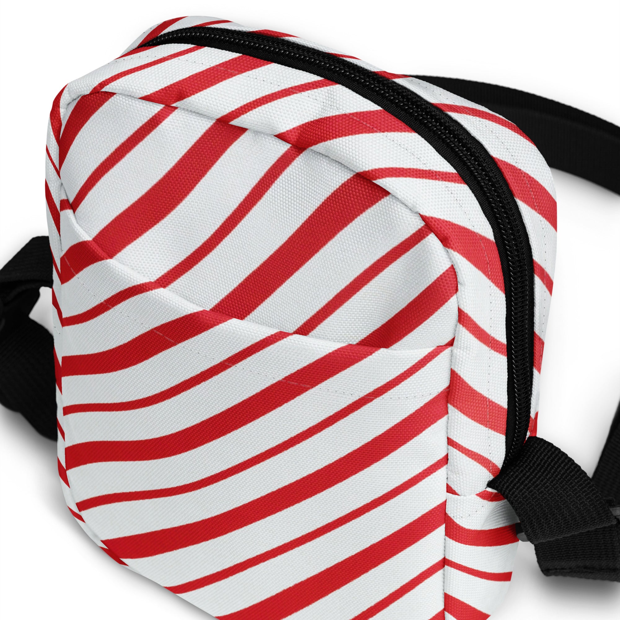 Girls candy cane stripe christmas crossbody purse red and white striped canvas fanny pack with black zipper and straps