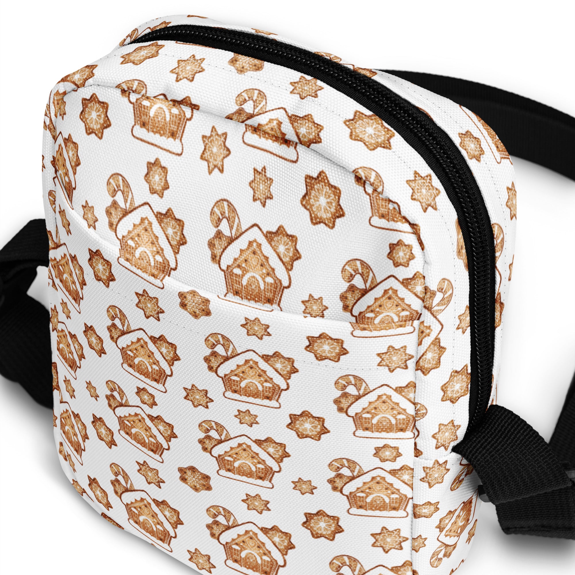 Girls gingerbread house Christmas crossbody purse in white with festive brown gingerbread and candy cane pattern and black trim