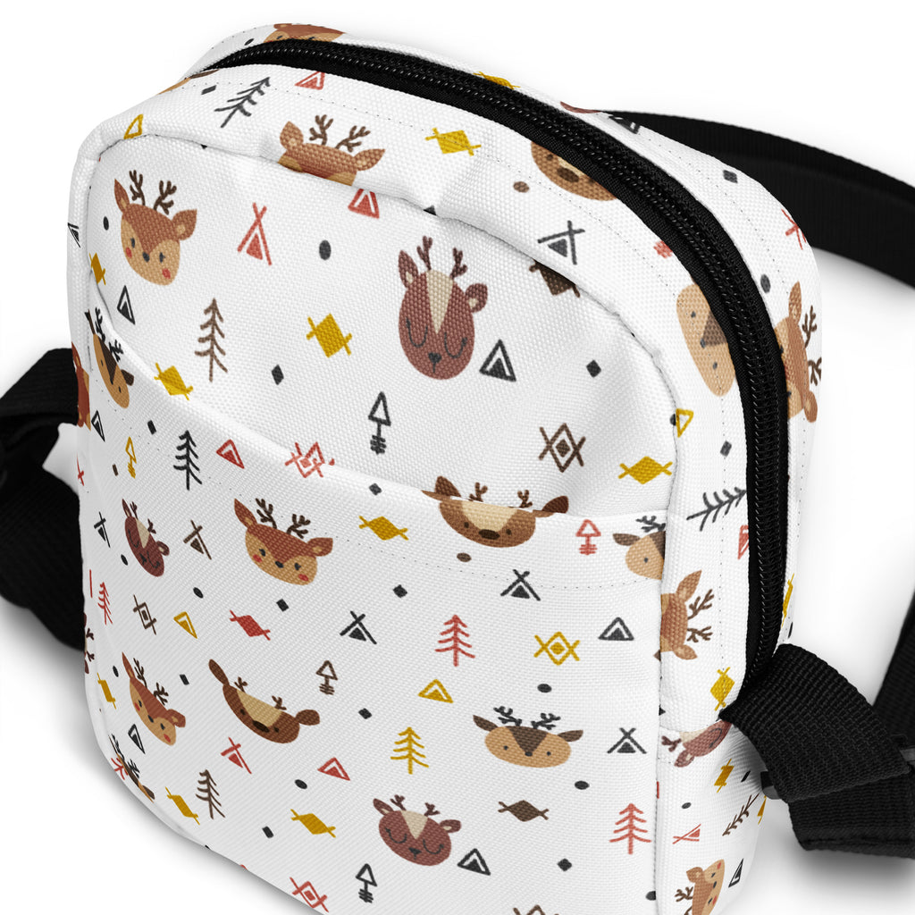 Girls cute reindeer Christmas crossbody purse white canvas bag with brown deer faces yellow fish and colorful geometric shapes