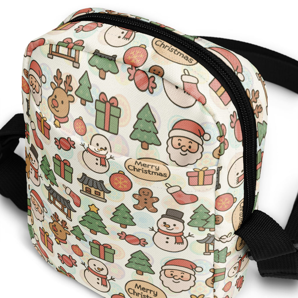 Girls doodle christmas crossbody purse in cream fabric with festive snowmen santa reindeer and gift box pattern and black zippers