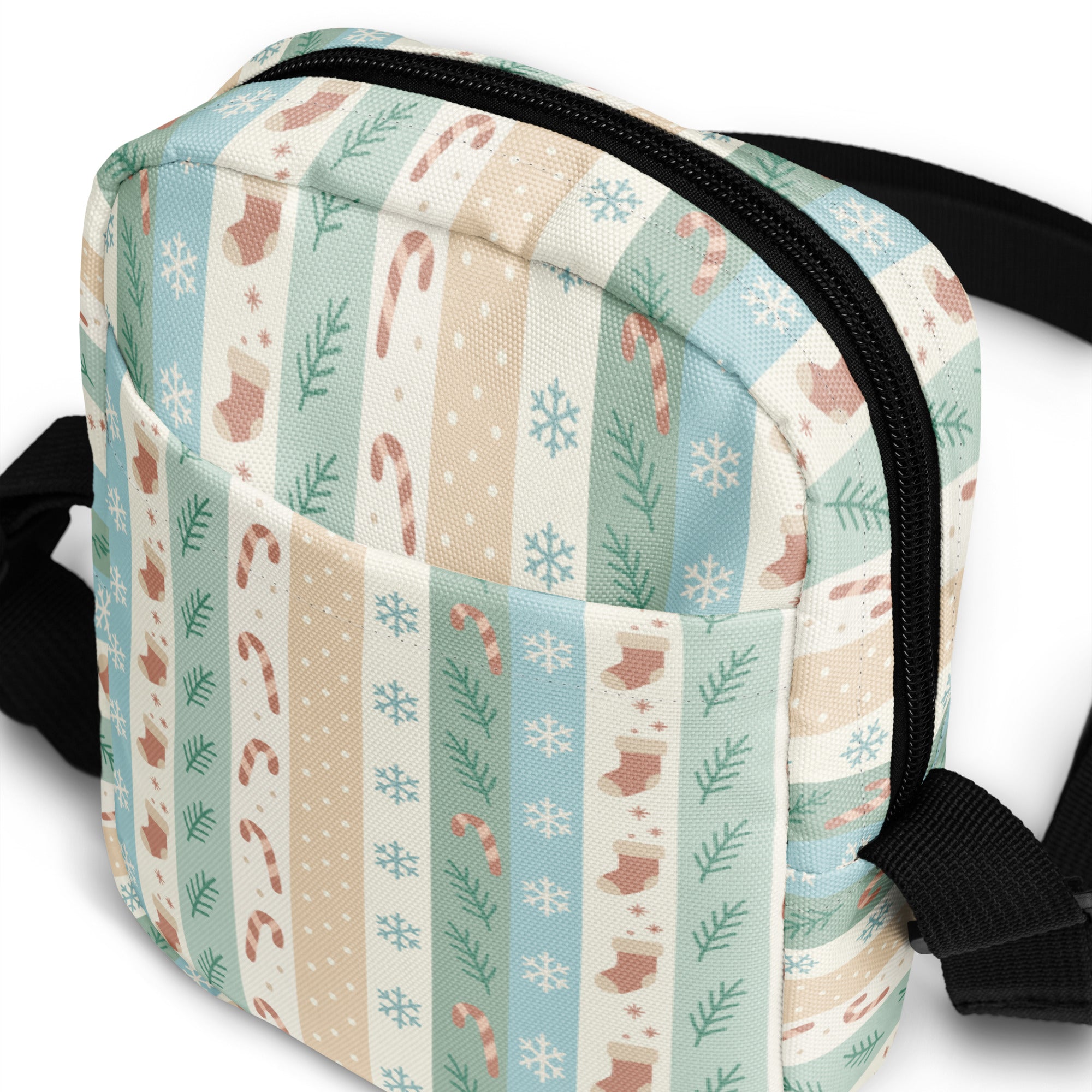Pastel Christmas stripes women’s crossbody purse with candy canes stockings snowflakes in blue beige and pink fabric