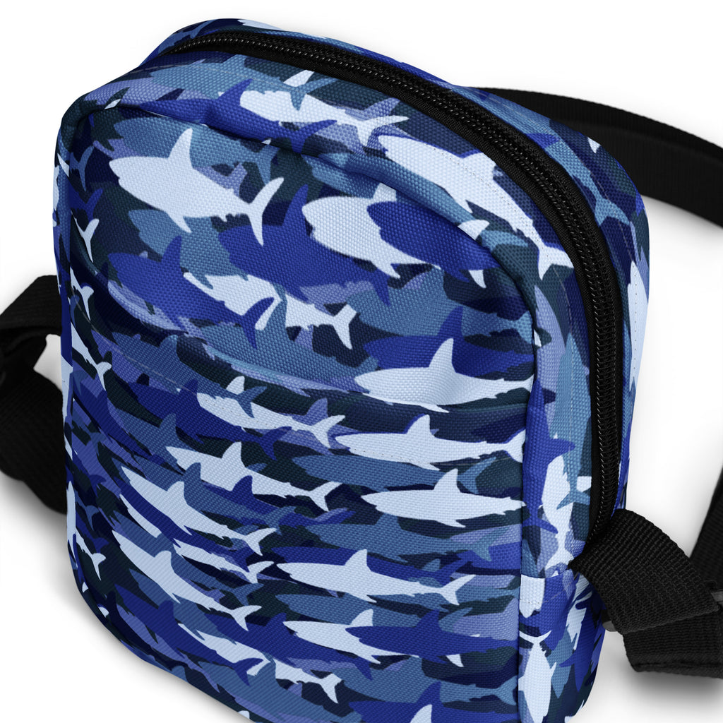 Blue Shark Camouflage Crossbody Bag – Water Resistant Mini Purse With Adjustable Strap & Pockets