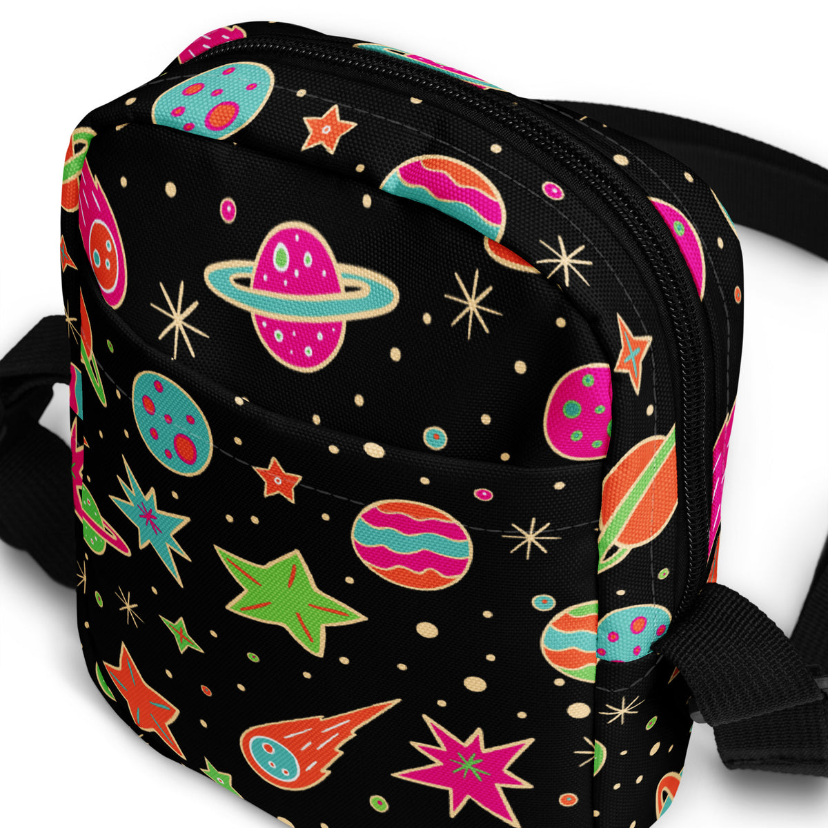 Vintage Neon Space Crossbody Bag – Water Resistant Mini Purse With Adjustable Strap & Pockets