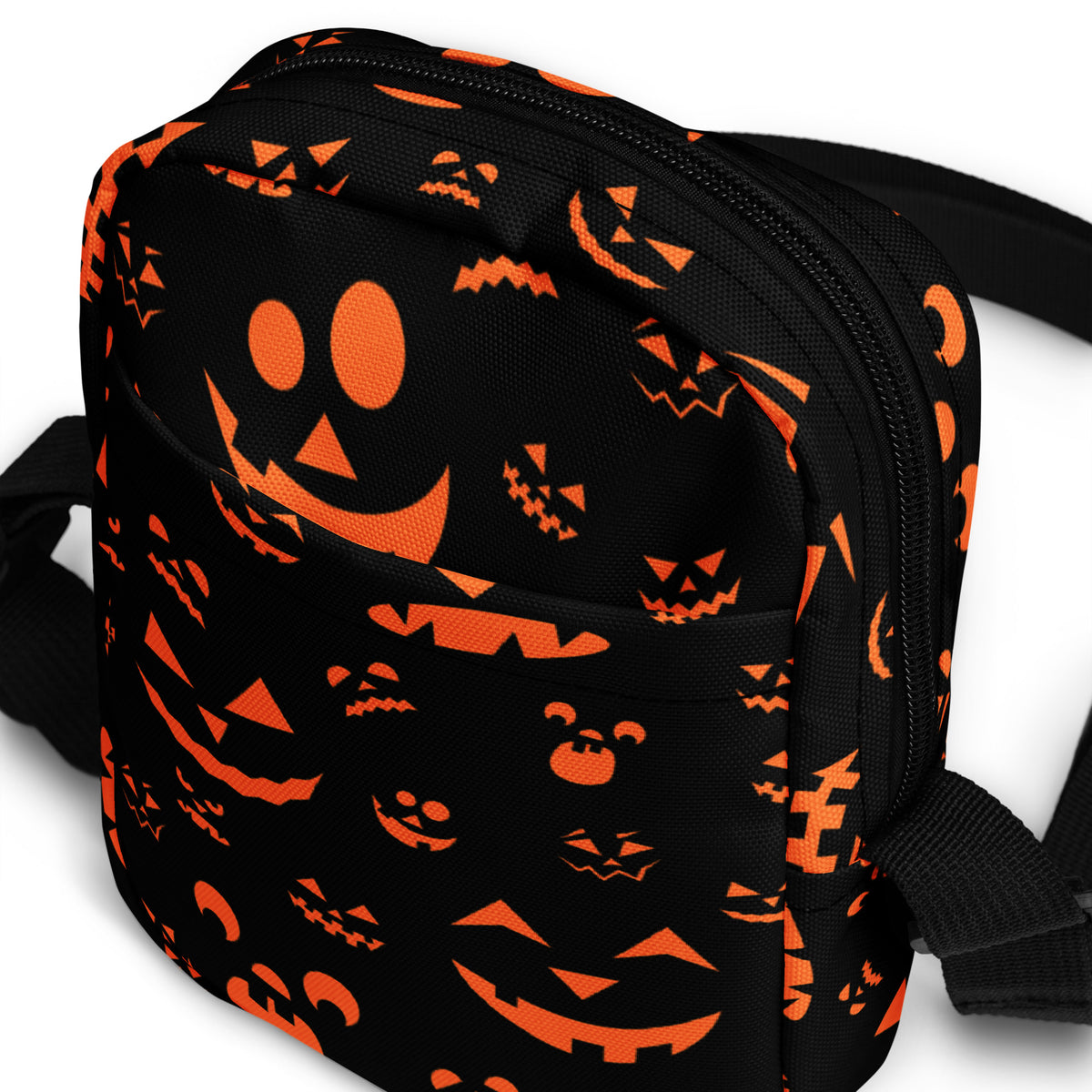 Orange Jack O Lantern Faces Halloween Crossbody Bag – Water Resistant Mini Purse With Adjustable Strap & Pockets