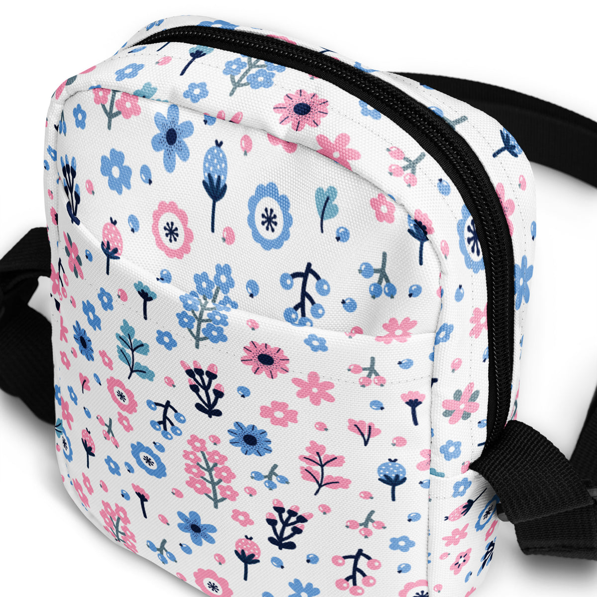 Pink & Blue Floral Crossbody Bag – Water Resistant Mini Purse With Adjustable Strap & Pockets