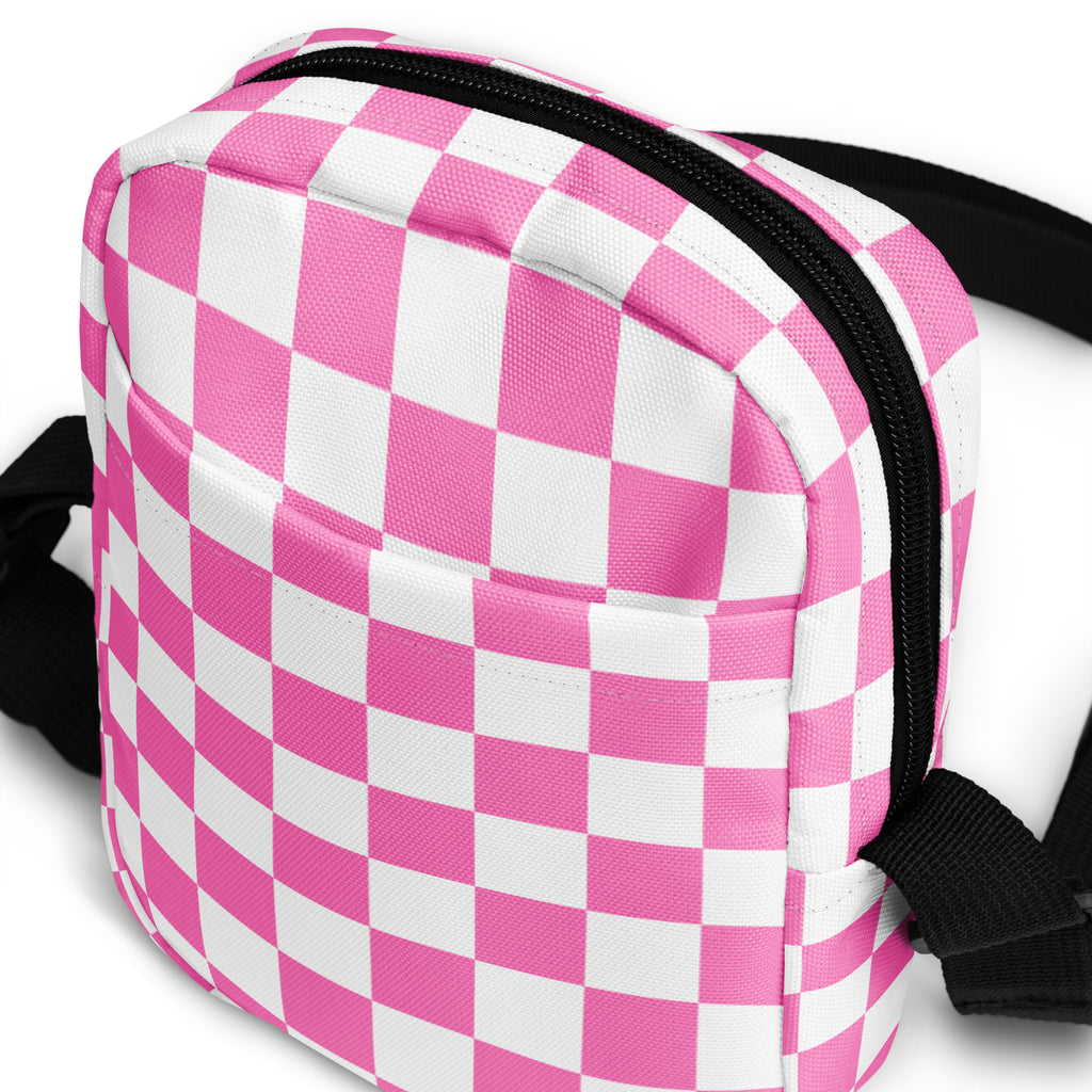 Pink Checkered Crossbody Bag – Water Resistant Mini Purse With Adjustable Strap & Pockets