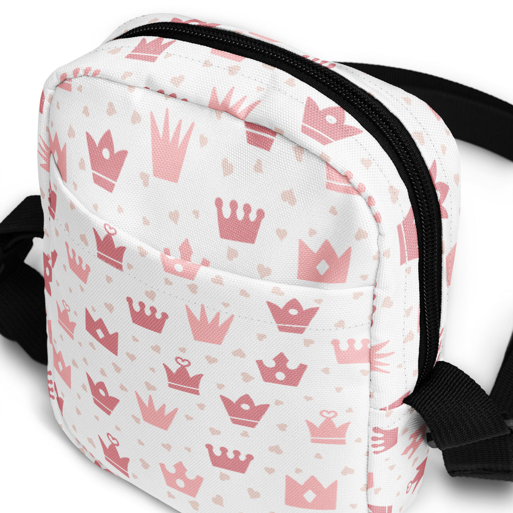 Girls Pink Crowns Crossbody Bag – Water Resistant Mini Purse With Adjustable Strap & Pockets