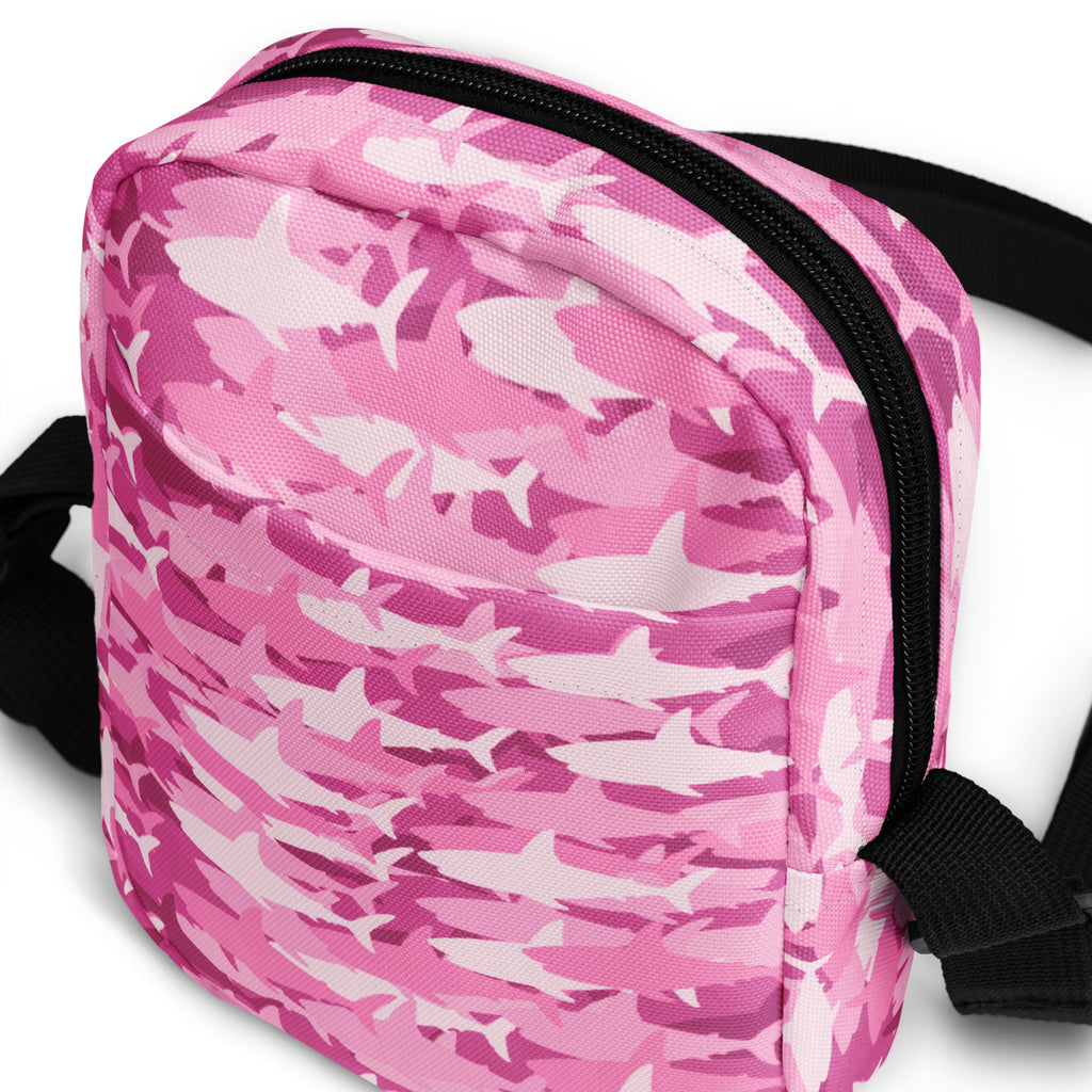 Girls Pink Shark Camouflage Crossbody Bag – Water Resistant Mini Purse With Adjustable Strap & Pockets