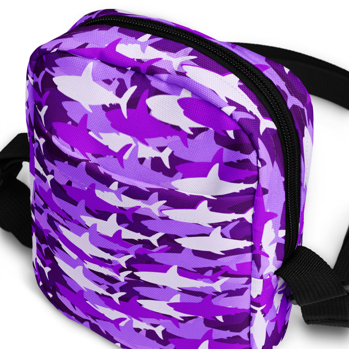 Girls Purple Shark Camouflage Crossbody Bag – Water Resistant Mini Purse With Adjustable Strap & Pockets