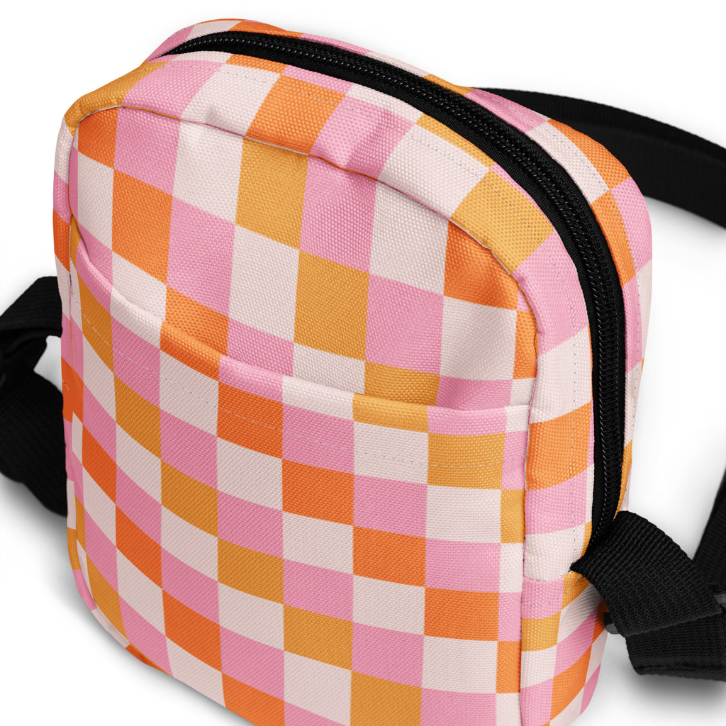 Sunset Themed Pink & Orange Checkered Crossbody Bag – Water Resistant Mini Purse With Adjustable Strap & Pockets