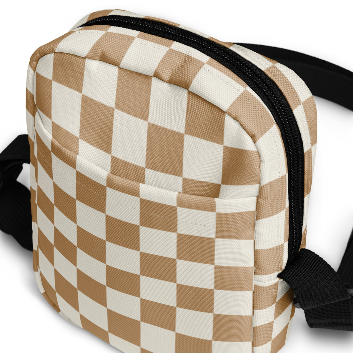 Beige Checkered Crossbody Bag – Water Resistant Mini Purse With Adjustable Strap & Pockets