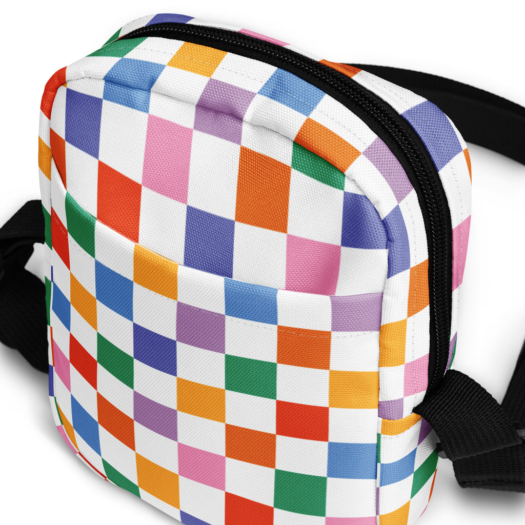 Rainbow Checkered Crossbody Bag – Water Resistant Mini Purse With Adjustable Strap & Pockets