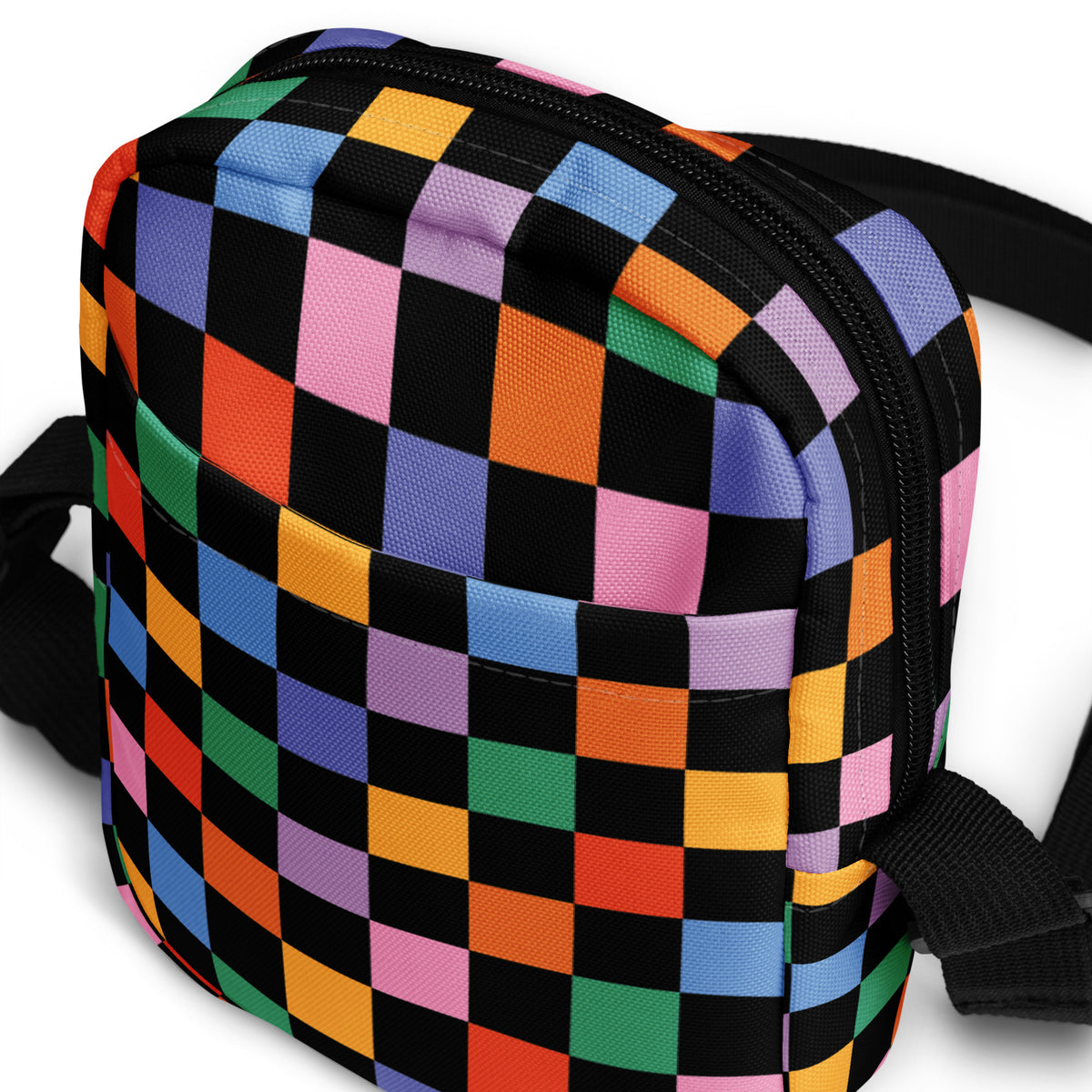 Black Rainbow Checkered Crossbody Bag – Water Resistant Mini Purse With Adjustable Strap & Pockets