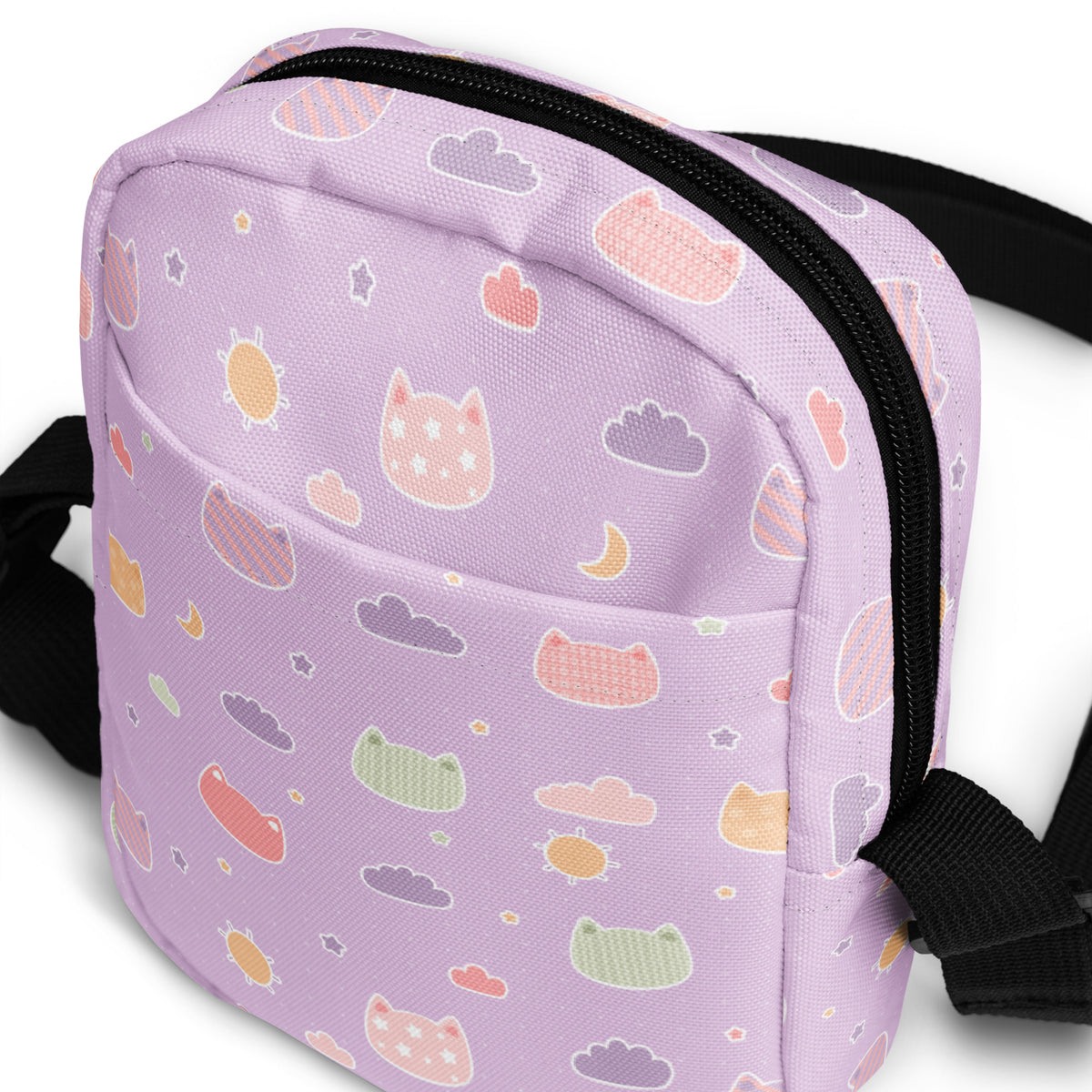 Pastel Purple Kawaii Cats & Clouds Crossbody Bag – Water Resistant Mini Purse With Adjustable Strap & Pockets