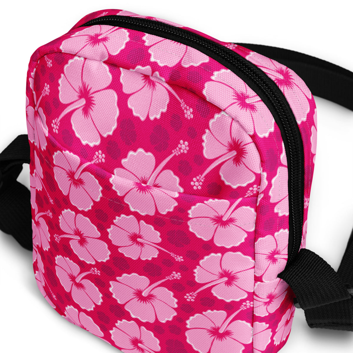 Tropical Pink Hibiscus Crossbody Bag – Water Resistant Mini Purse With Adjustable Strap & Pockets