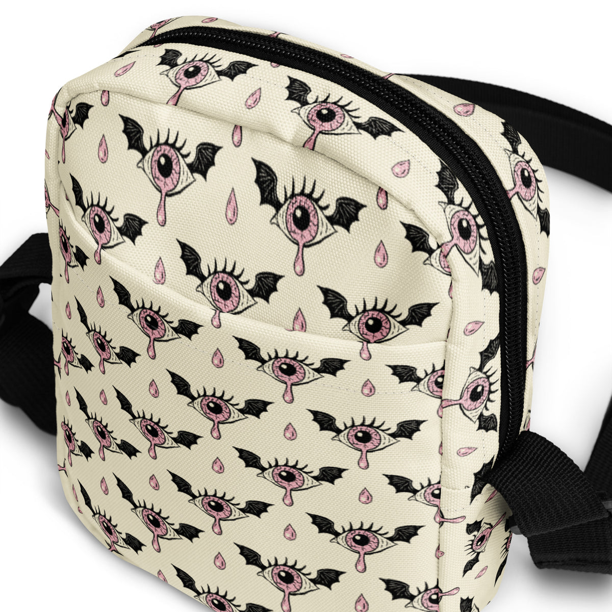 Spooky Pink Eyeball Bat Halloween Crossbody Bag – Water Resistant Mini Purse With Adjustable Strap & Pockets