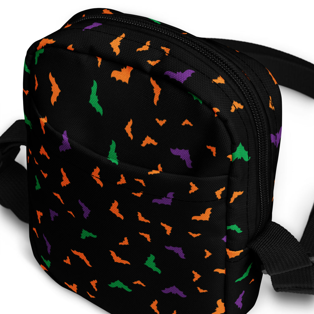 Colorful Bats Halloween Crossbody Bag – Water Resistant Mini Purse With Adjustable Strap & Pockets