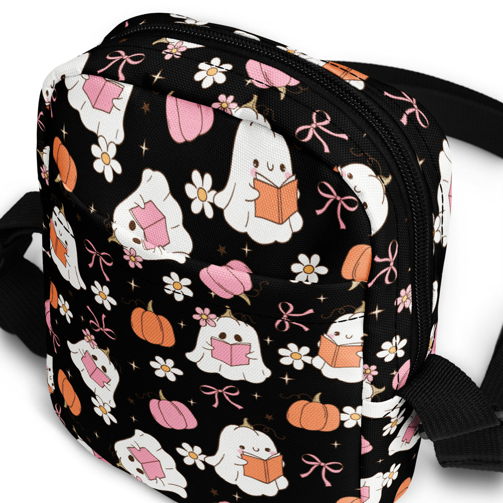 Reading Ghost Halloween Crossbody Bag – Water Resistant Mini Purse With Adjustable Strap & Pockets