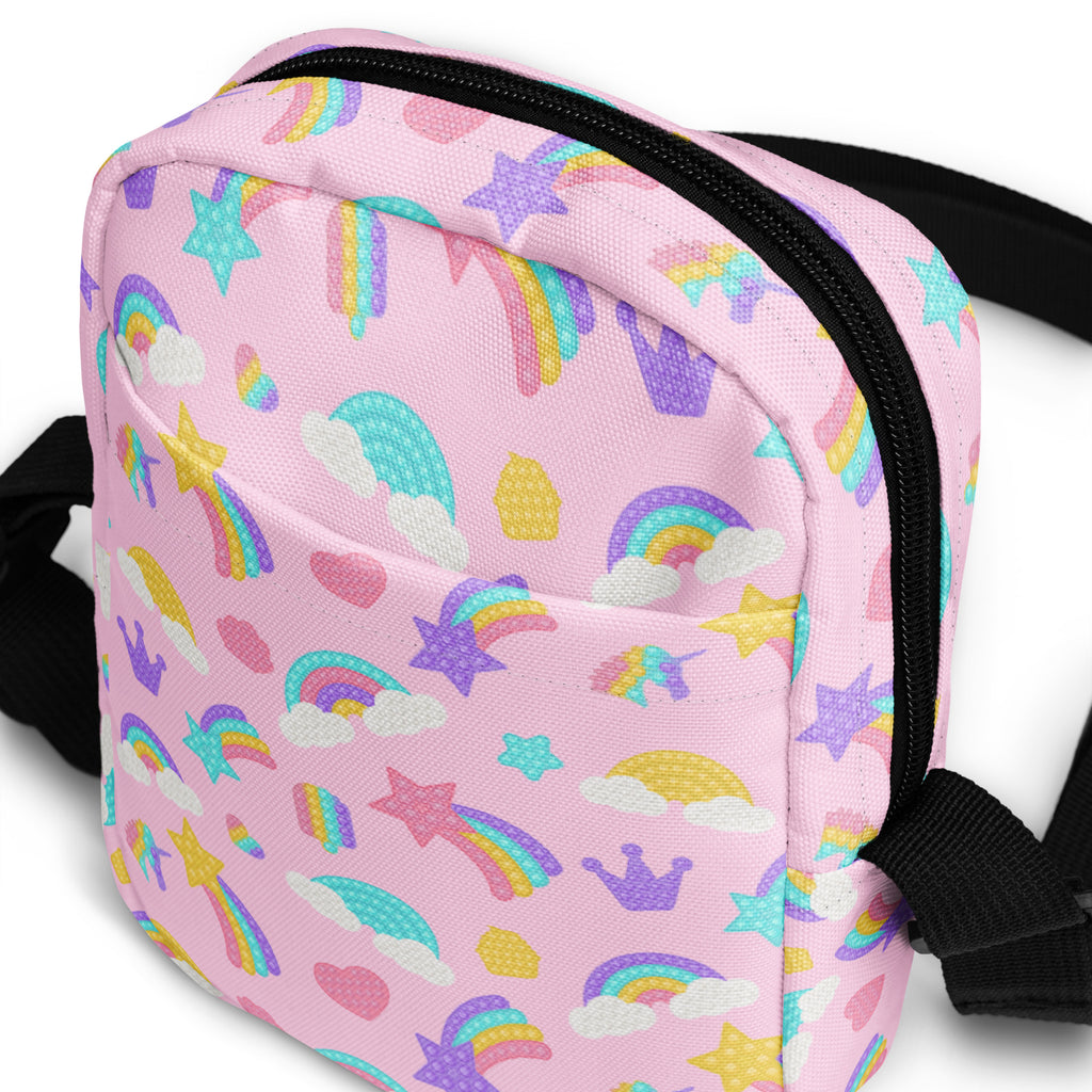 Girls Pink Rainbow Fidget Toy Crossbody Bag – Water Resistant Mini Purse With Adjustable Strap & Pockets