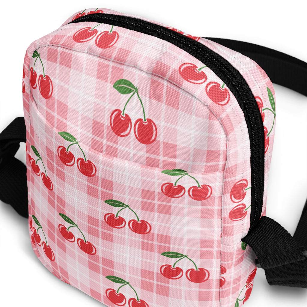 Pink Cherry Gingham Crossbody Bag – Water Resistant Mini Purse With Adjustable Strap & Pockets