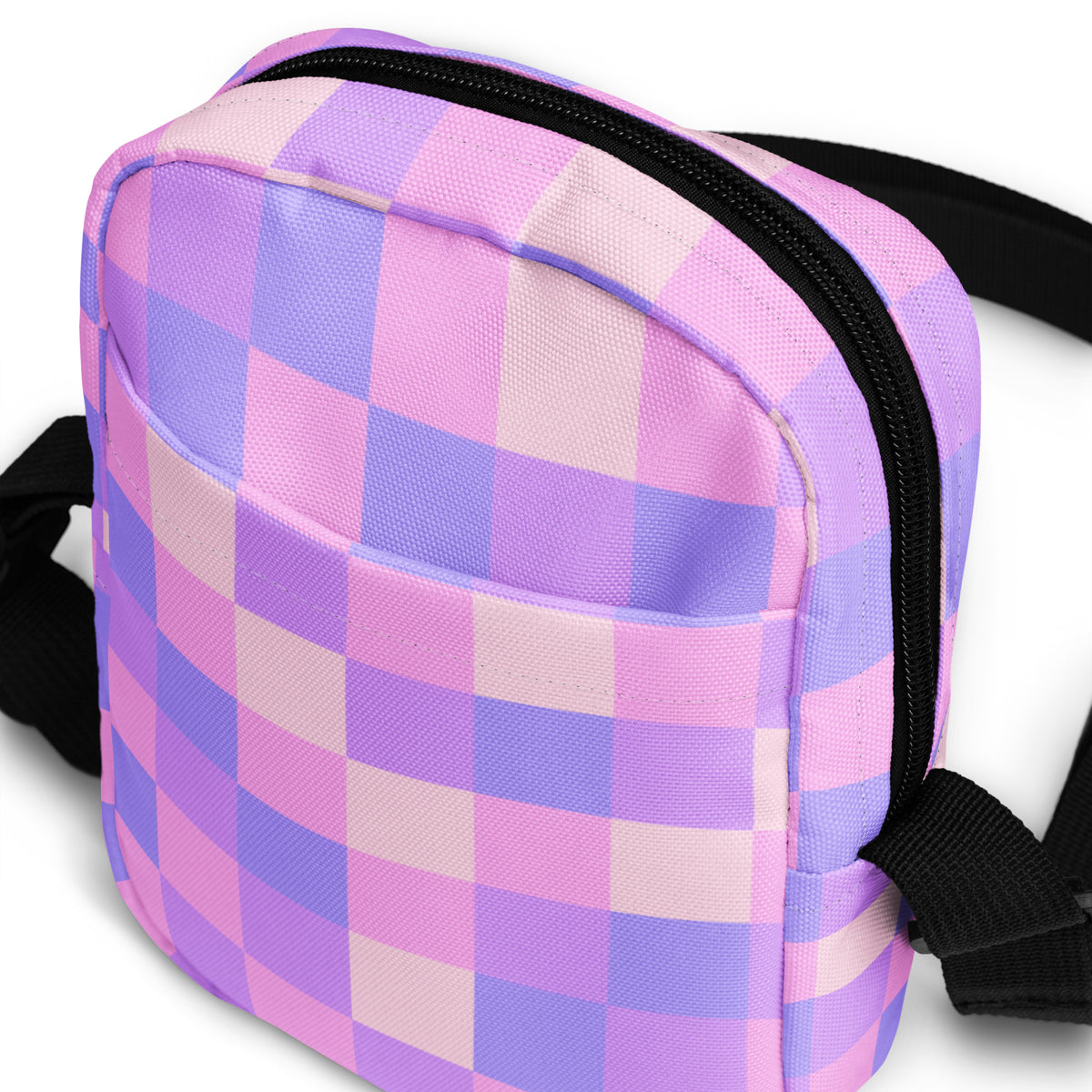 Pink & Purple Checkered Crossbody Bag – Water Resistant Mini Purse With Adjustable Strap & Pockets