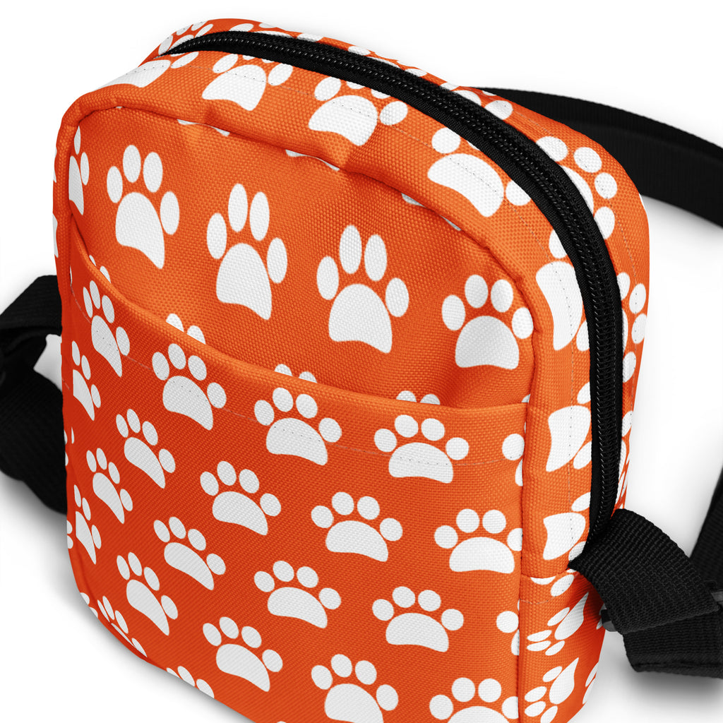 Orange Paw Print Crossbody Bag – Water Resistant Mini Purse With Adjustable Strap & Pockets