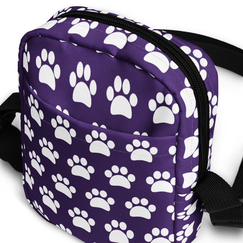 Dark Purple Paw Print Crossbody Bag – Water Resistant Mini Purse With Adjustable Strap & Pockets