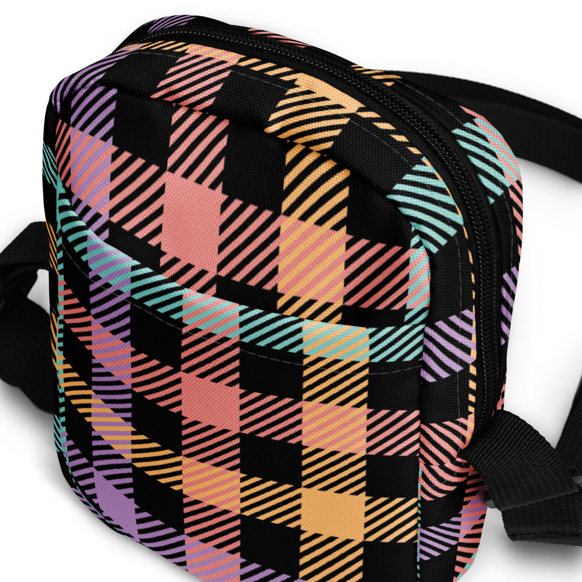 Black Colorful Plaid Crossbody Bag – Water Resistant Mini Purse With Adjustable Strap & Pockets