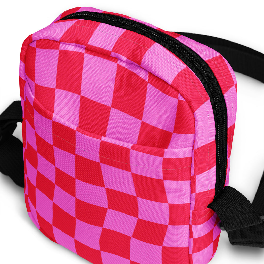 Bright Pink Checkered Crossbody Bag – Water Resistant Mini Purse With Adjustable Strap & Pockets