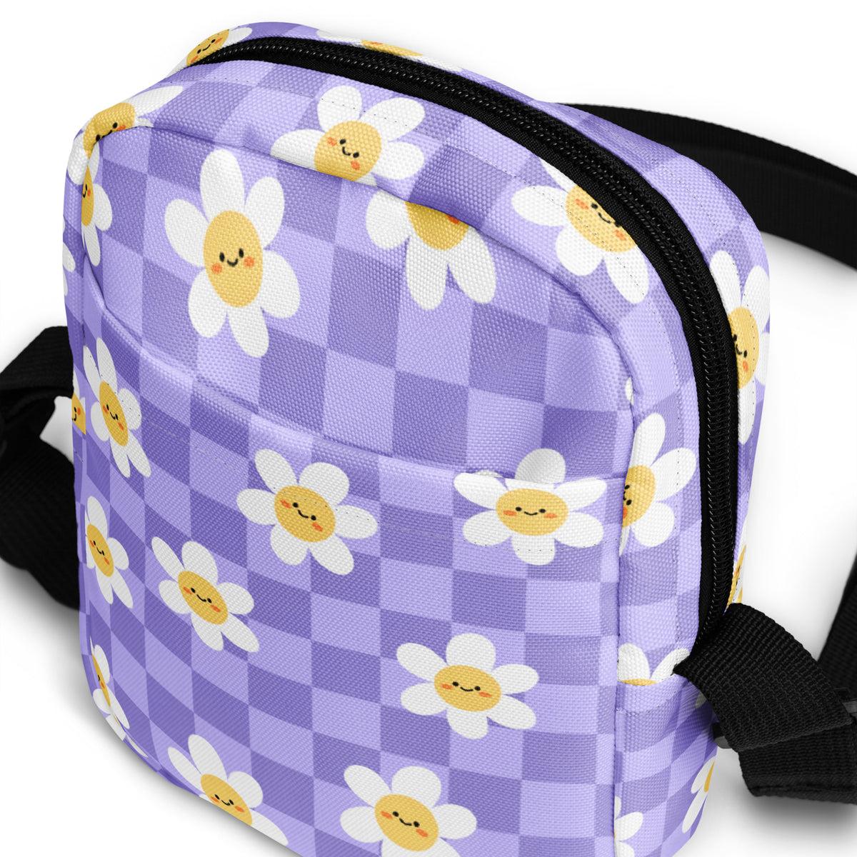Purple Daisy Checkered Crossbody Bag – Water Resistant Mini Purse With Adjustable Strap & Pockets