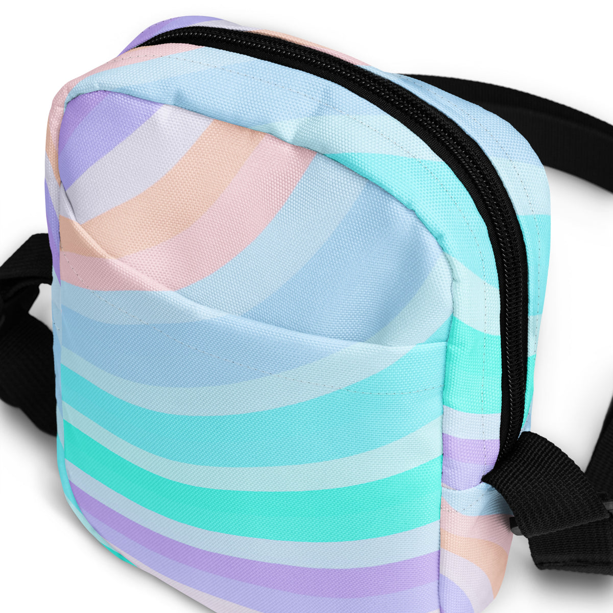 Striped Blue, Purple, & Aqua Crossbody Bag – Water Resistant Mini Purse With Adjustable Strap & Pockets