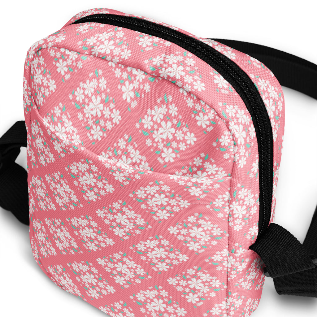 Pink Floral Patterned Crossbody Bag – Water Resistant Mini Purse With Adjustable Strap & Pockets