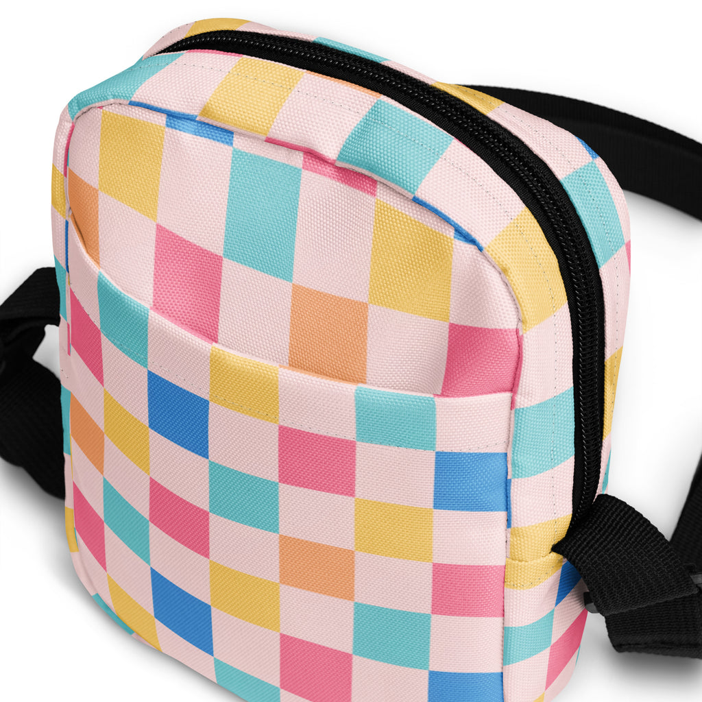 Pastel Checkered Crossbody Bag – Water Resistant Mini Purse With Adjustable Strap & Pockets