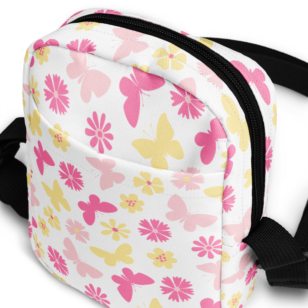 Pink Butterfly & Flower Crossbody Bag – Water Resistant Mini Purse With Adjustable Strap & Pockets
