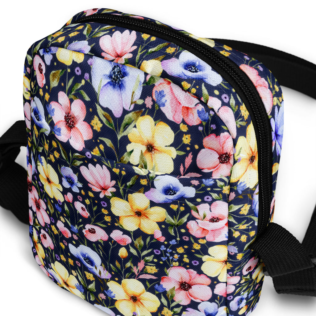 Colorful Watercolor Wildflower Crossbody Bag – Water Resistant Mini Purse With Adjustable Strap & Pockets