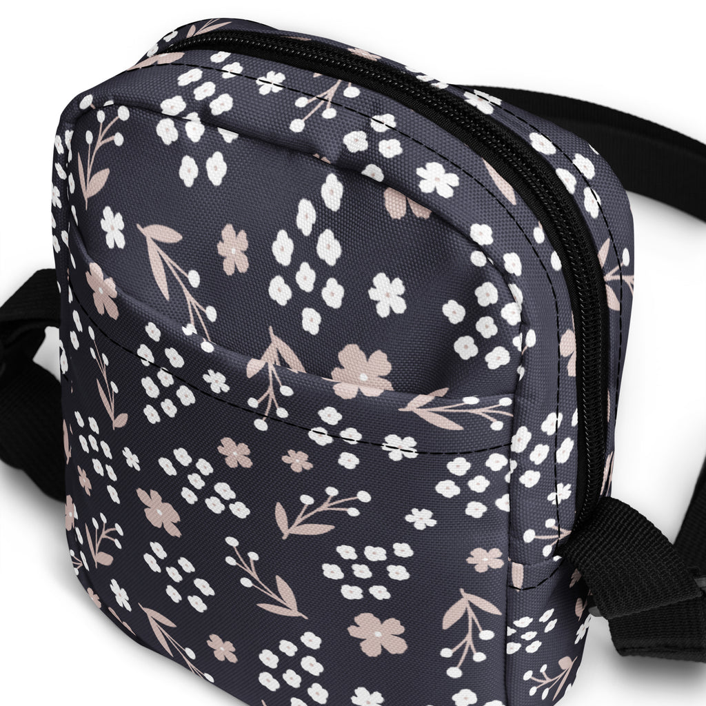 Charcoal Floral Crossbody Bag – Water Resistant Mini Purse With Adjustable Strap & Pockets