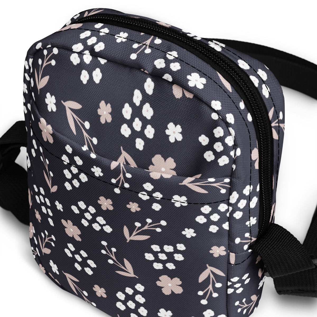 Charcoal Floral Crossbody Bag – Water Resistant Mini Purse With Adjustable Strap & Pockets