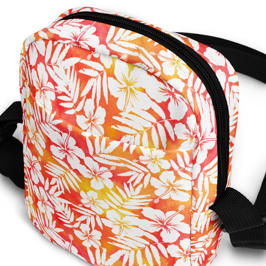 Orange Tropical Floral Hibiscus Crossbody Bag – Water Resistant Mini Purse With Adjustable Strap & Pockets