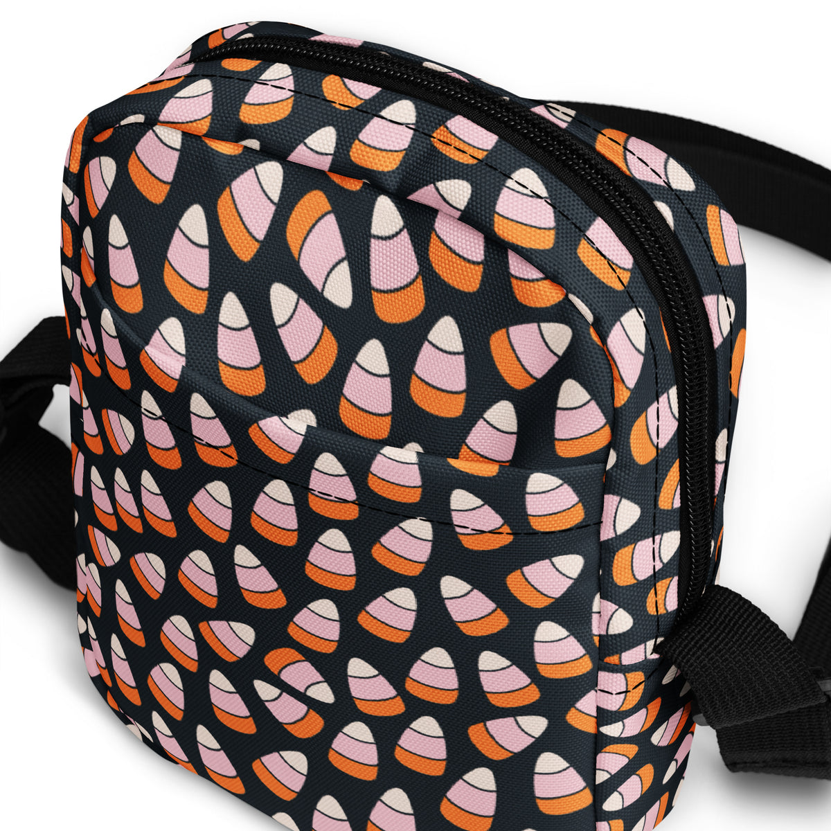 Pink & Orange Candy Corn Halloween Crossbody Bag – Water Resistant Mini Purse With Adjustable Strap & Pockets