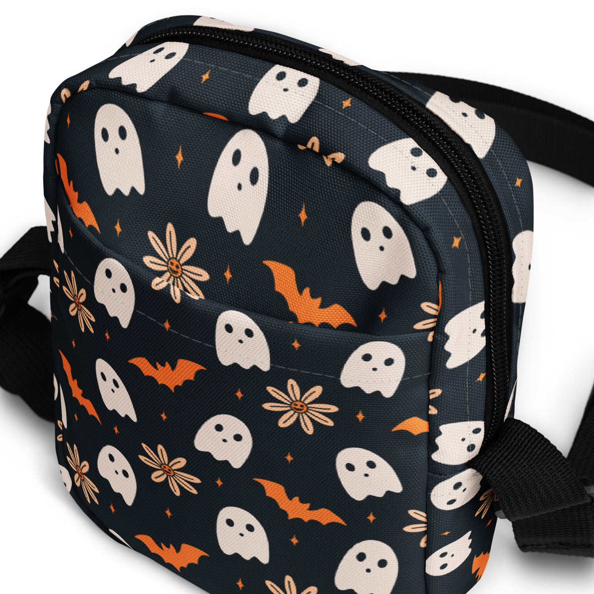 Floral Ghost & Bat Halloween Crossbody Bag – Water Resistant Mini Purse With Adjustable Strap & Pockets