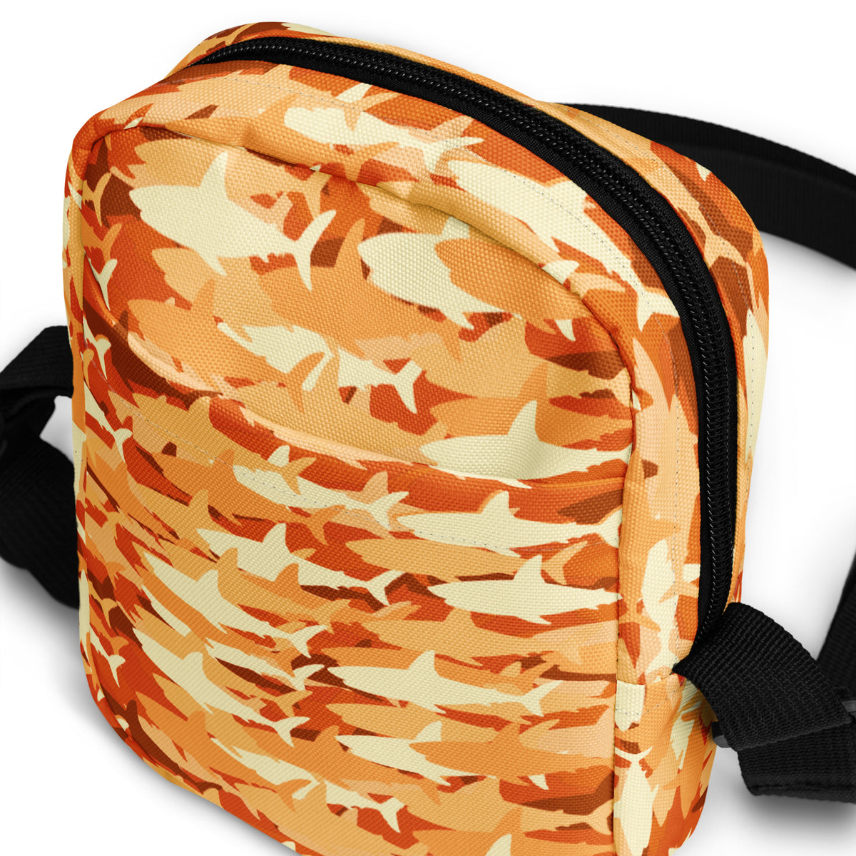 Orange Shark Camouflage Crossbody Bag – Water Resistant Mini Purse With Adjustable Strap & Pockets