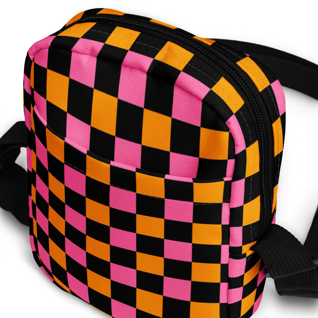 Pink & Orange Checkered Halloween Crossbody Bag – Water Resistant Mini Purse With Adjustable Strap & Pockets