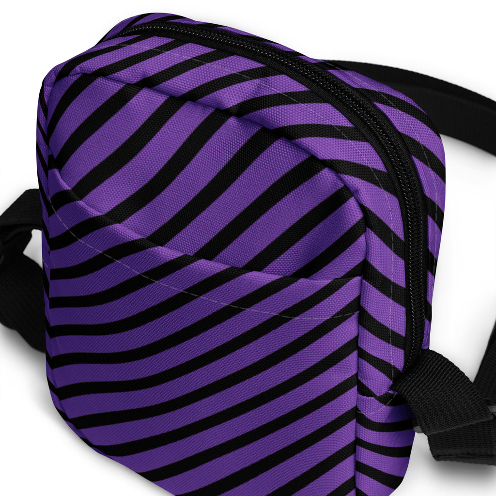 Purple & Black Striped Halloween Crossbody Bag – Water Resistant Mini Purse With Adjustable Strap & Pockets