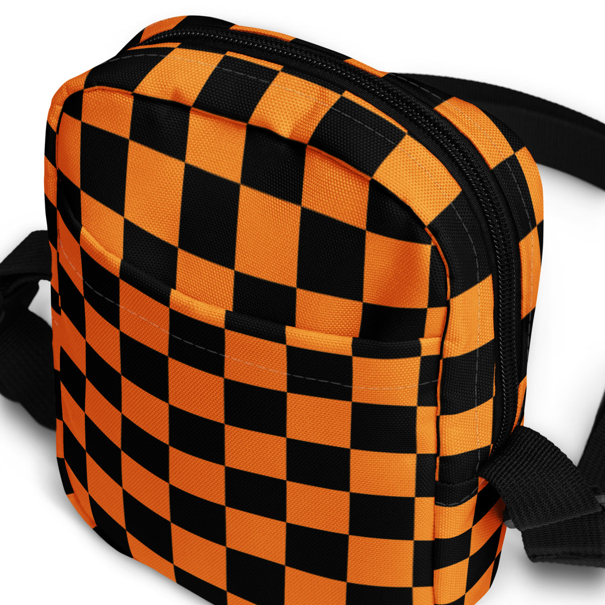 Orange Checkered Halloween Crossbody Bag – Water Resistant Mini Purse With Adjustable Strap & Pockets