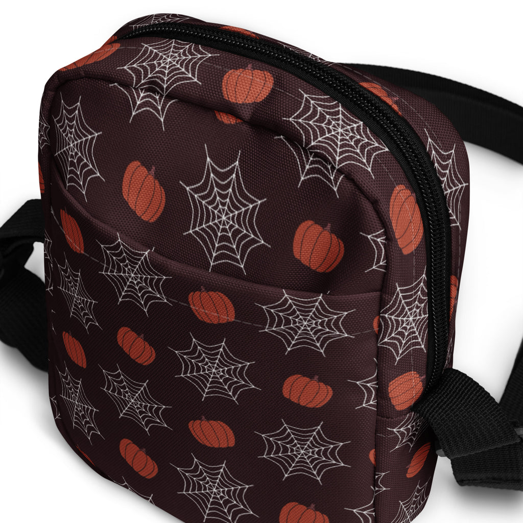 Pumpkin Spiderweb Halloween Crossbody Bag – Water Resistant Mini Purse With Adjustable Strap & Pockets