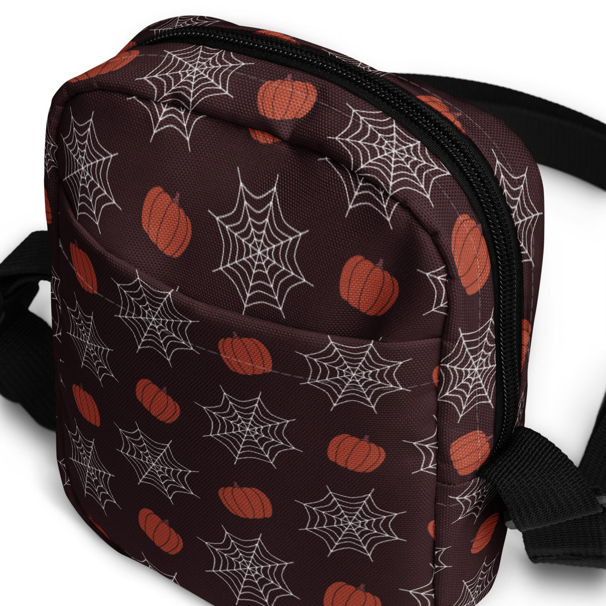 Pumpkin Spiderweb Halloween Crossbody Bag – Water Resistant Mini Purse With Adjustable Strap & Pockets