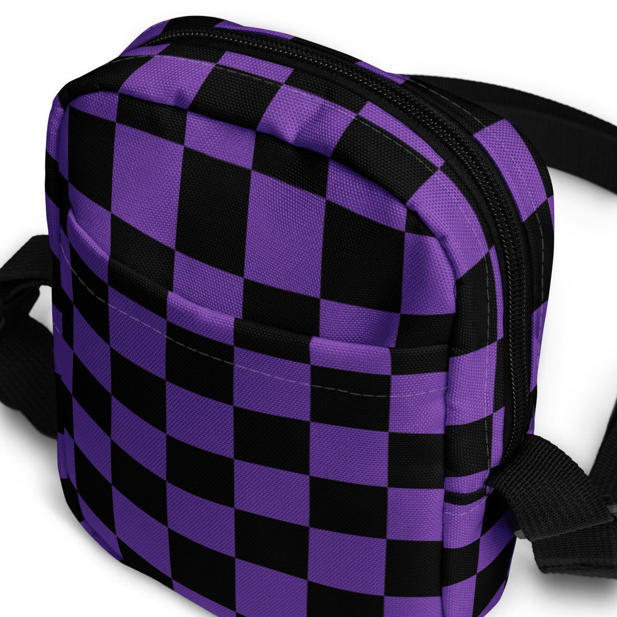 Purple Checkered Halloween Crossbody Bag – Water Resistant Mini Purse With Adjustable Strap & Pockets