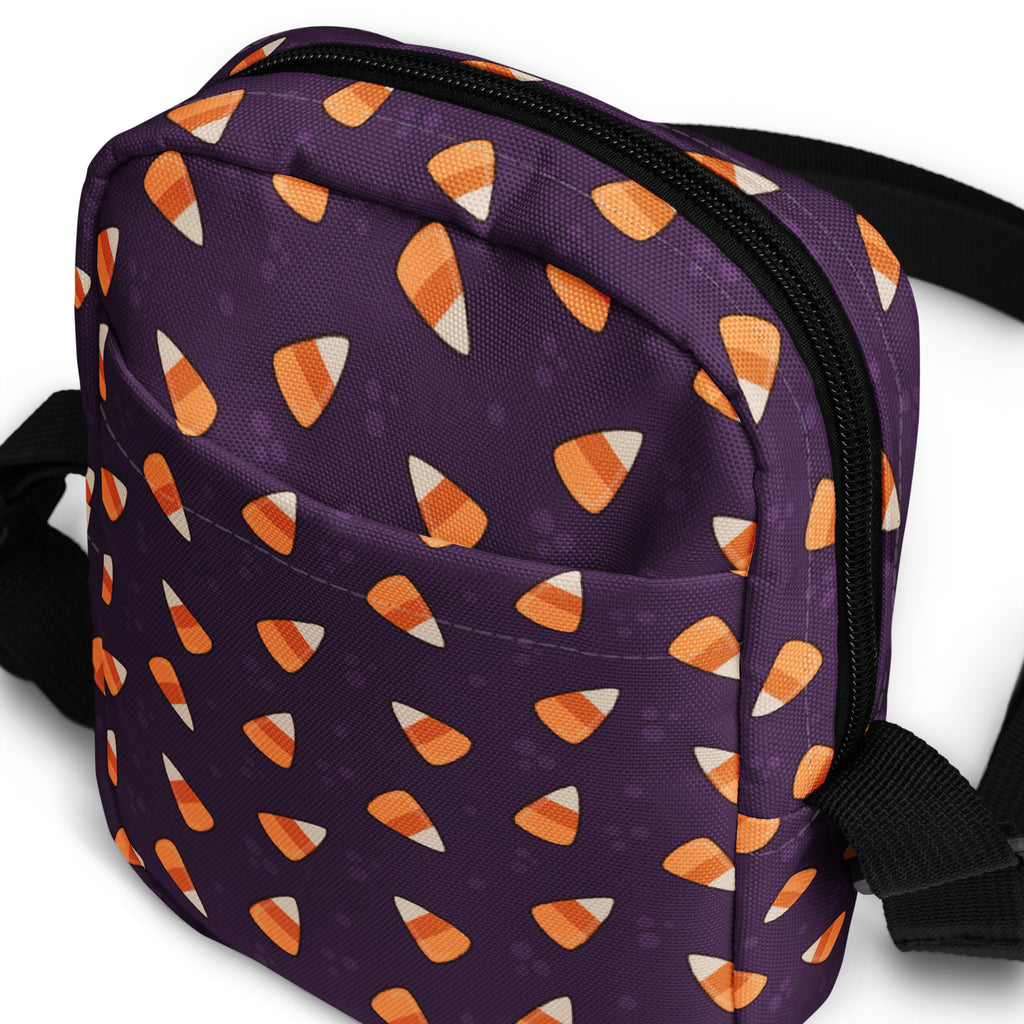 Purple Candy Corn Halloween Crossbody Bag – Water Resistant Mini Purse With Adjustable Strap & Pockets