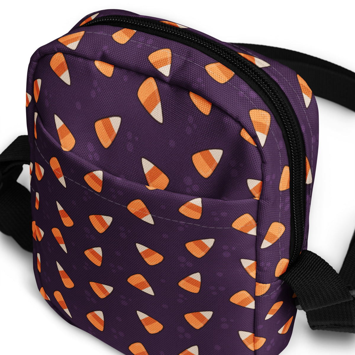Purple Candy Corn Halloween Crossbody Bag – Water Resistant Mini Purse With Adjustable Strap & Pockets